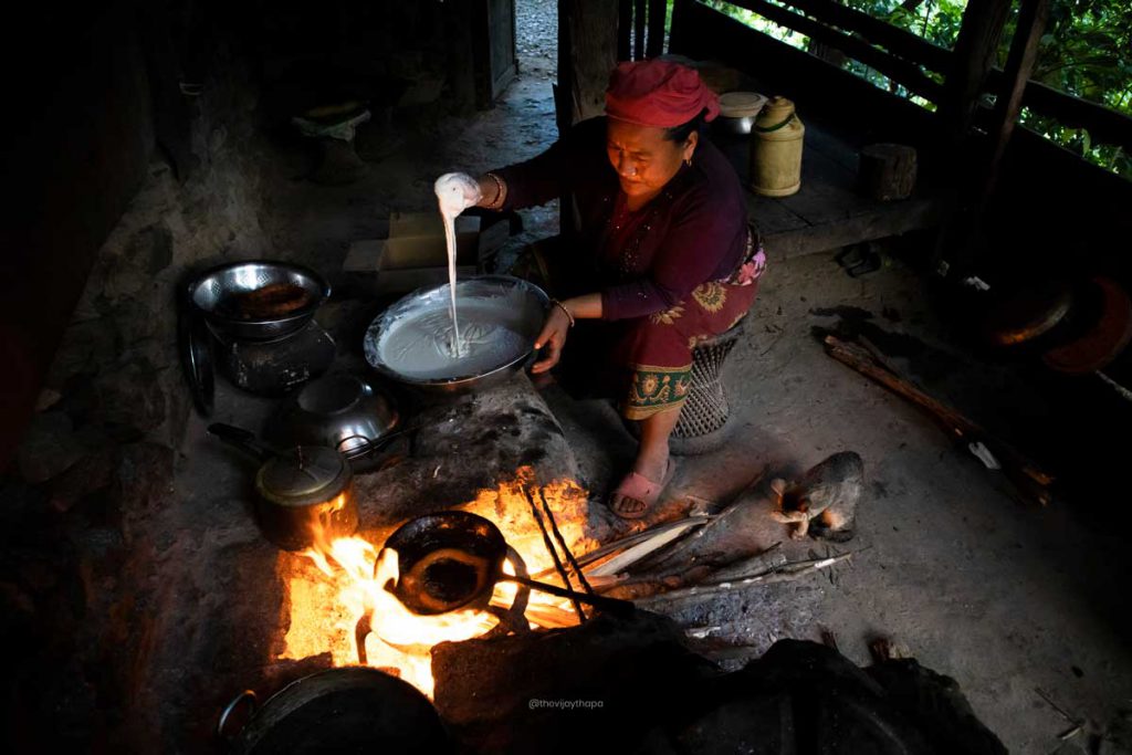Making Selroti for Tihar Celebrration at Khasrang Village, Nepal